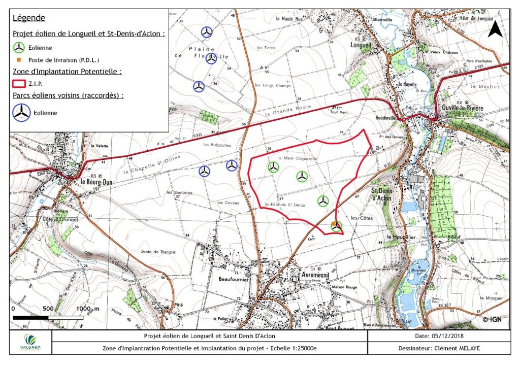 Implantation du projet éolien de Longueil et Saint Denis d'Aclon